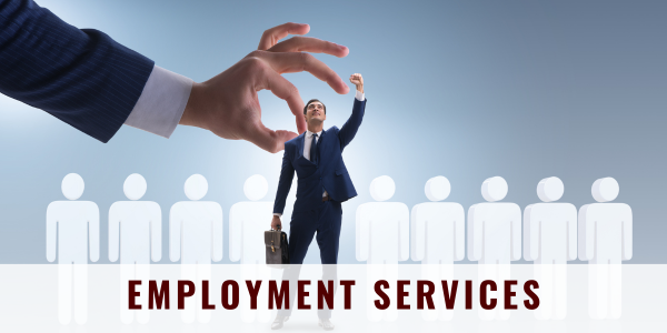 A person being selected out of a lineup by a large hand; "Employment Services" across the bottom.