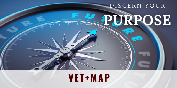 Large compass pointing towards "future". Words VET+MAP" overlaid.