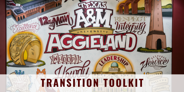 Painted wall with A&M references. Words "Transition Toolkit" overlaid.