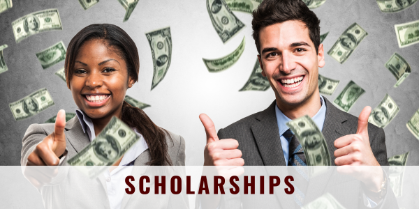 Money falling in the background with a female and a male giving a thumbs up; "Scholarship" across the bottom.