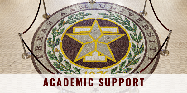 Tiled Texas A&M Seal from floor of the Academic Building; "Academic Support" across the bottom.