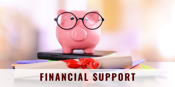 A piggy bank with glasses sitting on a stack of books with a rolled diploma; "Financial Support" across the bottom.