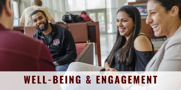 A group of co-ed students laughing and talking; "Well-Being & Engagement" across the bottom.