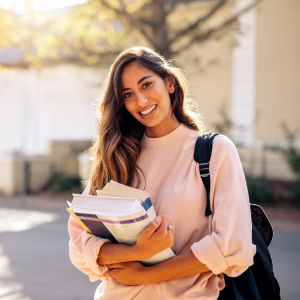 Young lady with a backpack carrying her books.